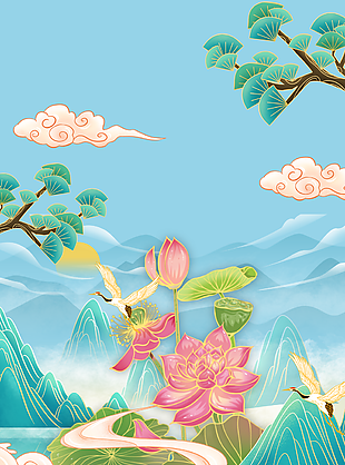 精美古典插画风荷花仙鹤飞翔H5背景素材